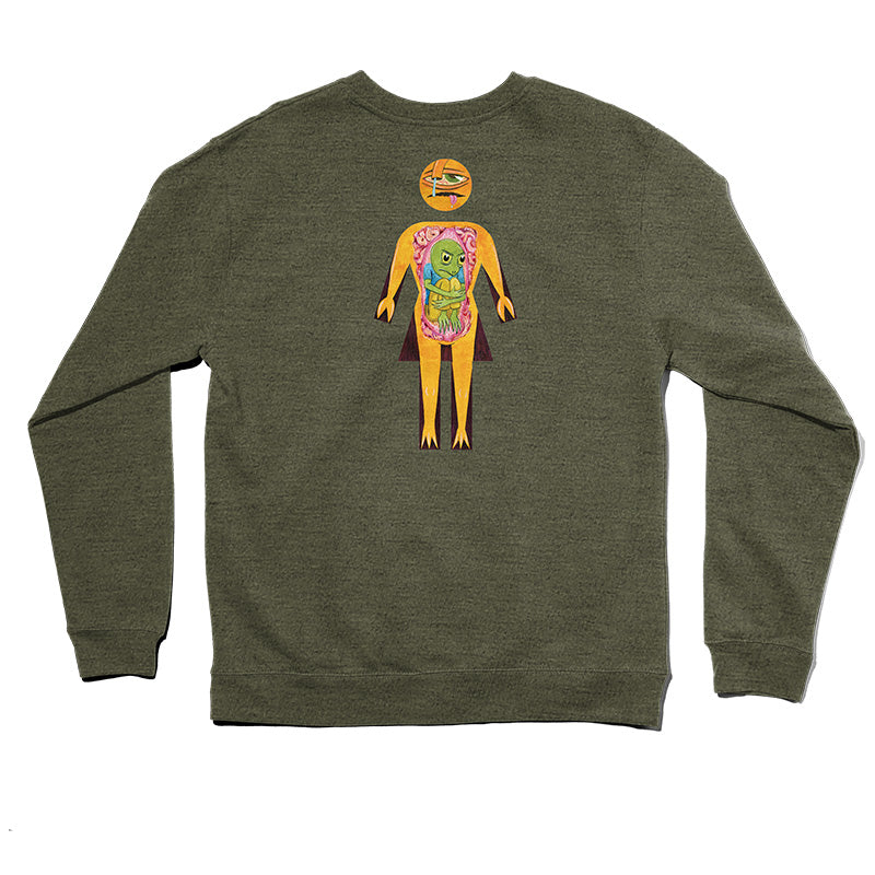Crailtap Canada. Templeton Crewneck (Army Heather) - Back view of cotton/poly fleece crewneck showing simple, printed rear and relaxed structure.