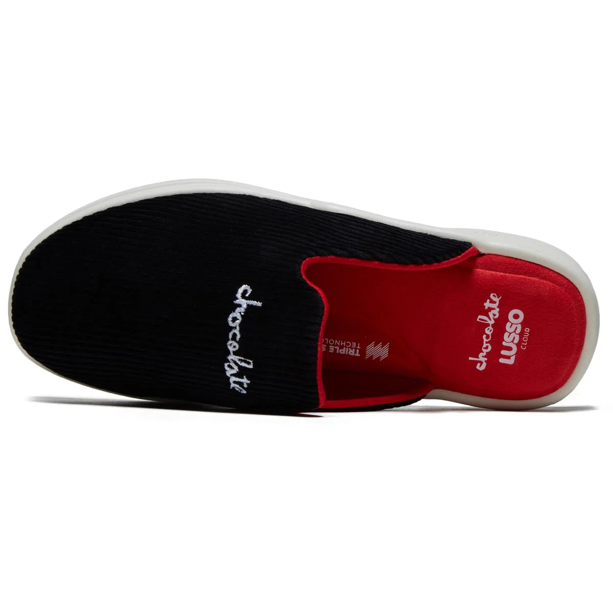 Crailstore Canada. Chocolate x Lusso Pelli Slide Shoes - Side view showing contoured red insole with supportive arch and Triple Stack comfort layers.
