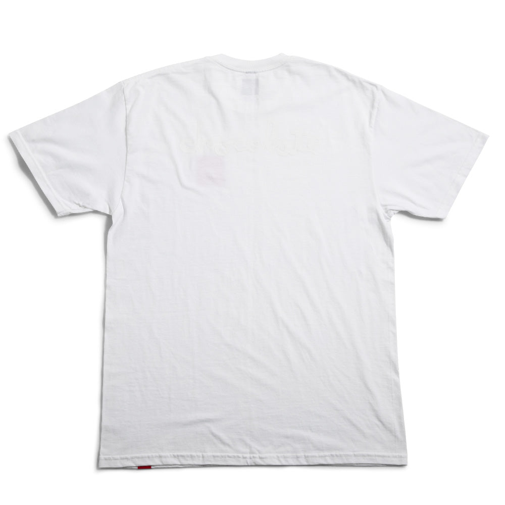 Crailstore Canada. Chocolate Red Square Tone Tee (White) - Back view featuring classic Chocolate logo printed in black across the shoulders.