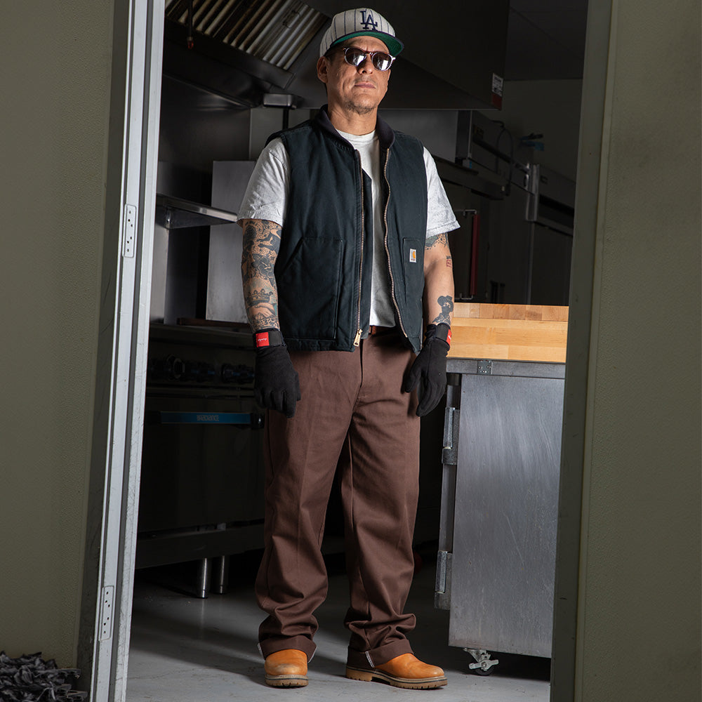 Crailstore Canada. Chocolate Work Chino Pants - Model wearing relaxed fit chinos styled with a tucked tee, showing front fit and structure.