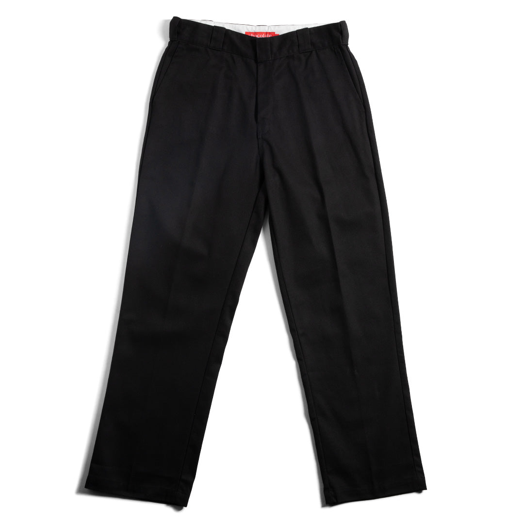 Crailstore Canada. Chocolate Work Chino Pants (Black) - Front view of black pair with red square patch and slant pockets.