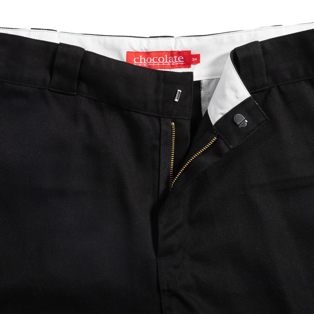 Crailstore Canada. Chocolate Work Chino Pants (Black) - Close-up of black pair zipper area with hook clasp and waistband detail.