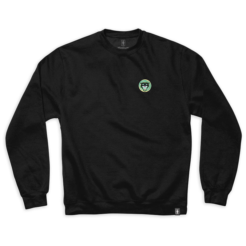 Crailtap Canada. Natas Crewneck - Front view of black crewneck made from midweight 8.5 oz cotton-blend fleece, featuring a small chest graphic and standard fit for everyday wear.