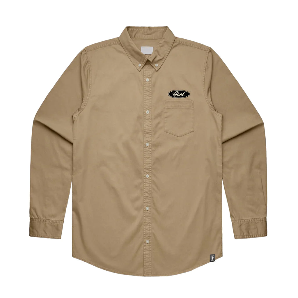 girl skateboards oval script wash shirt khaki