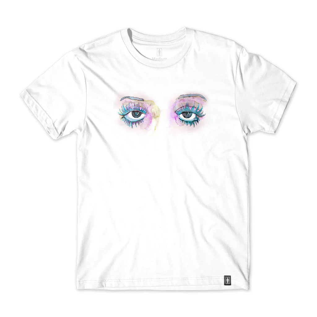 girl skateboards party eyes tee white