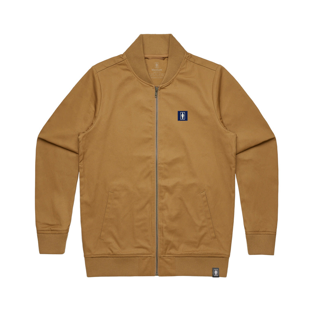 Girl skateboards boxed bomber jacket camel