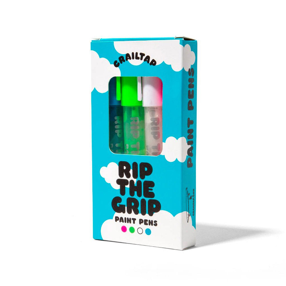 Crailstore Canada. Crailtap Rip The Grip Paint Pens - Retail box displaying 4-pack of paint pens in white, neon pink, neon green, and neon blue.