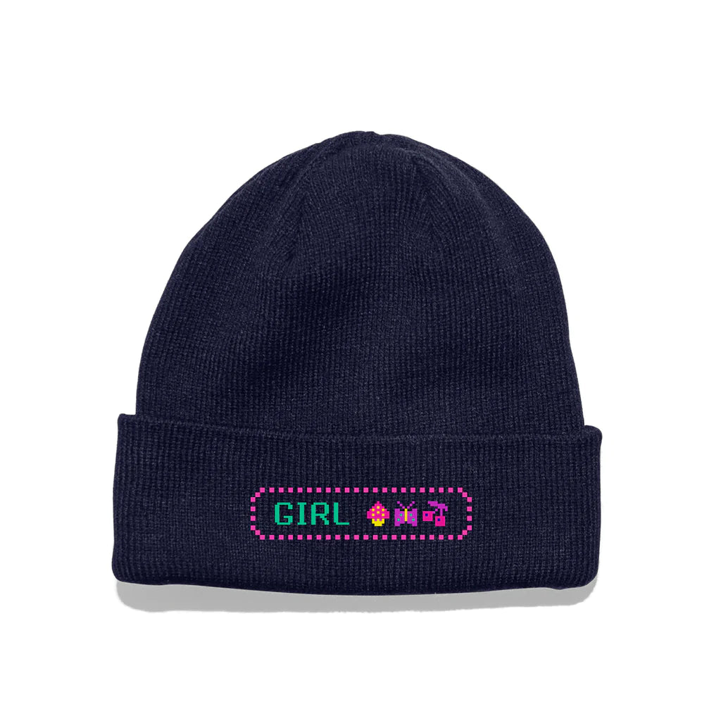 girl skateboards kawaii arcade powerup beanie hat navy front