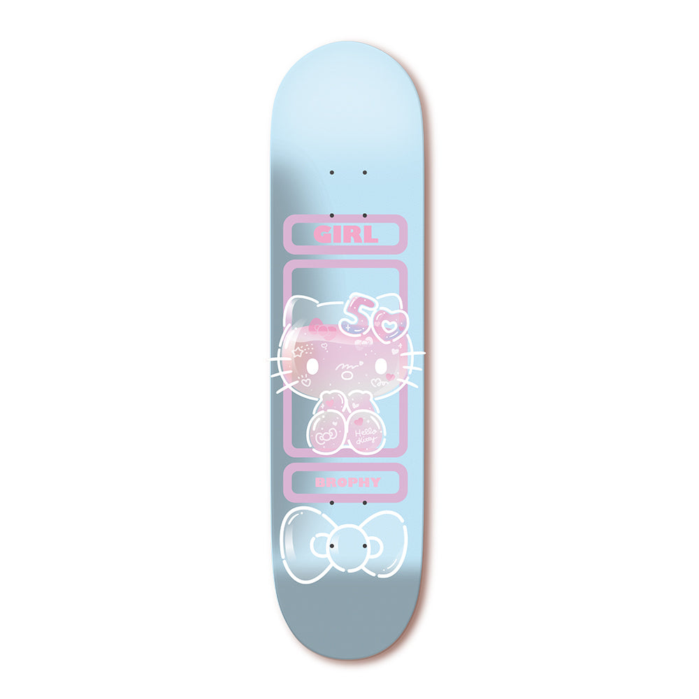 Crailstore Canada. Girl Andrew Brophy Hello Kitty Deck - Bottom view with Hello Kitty 50th anniversary artwork and Brophy name under Girl logo.