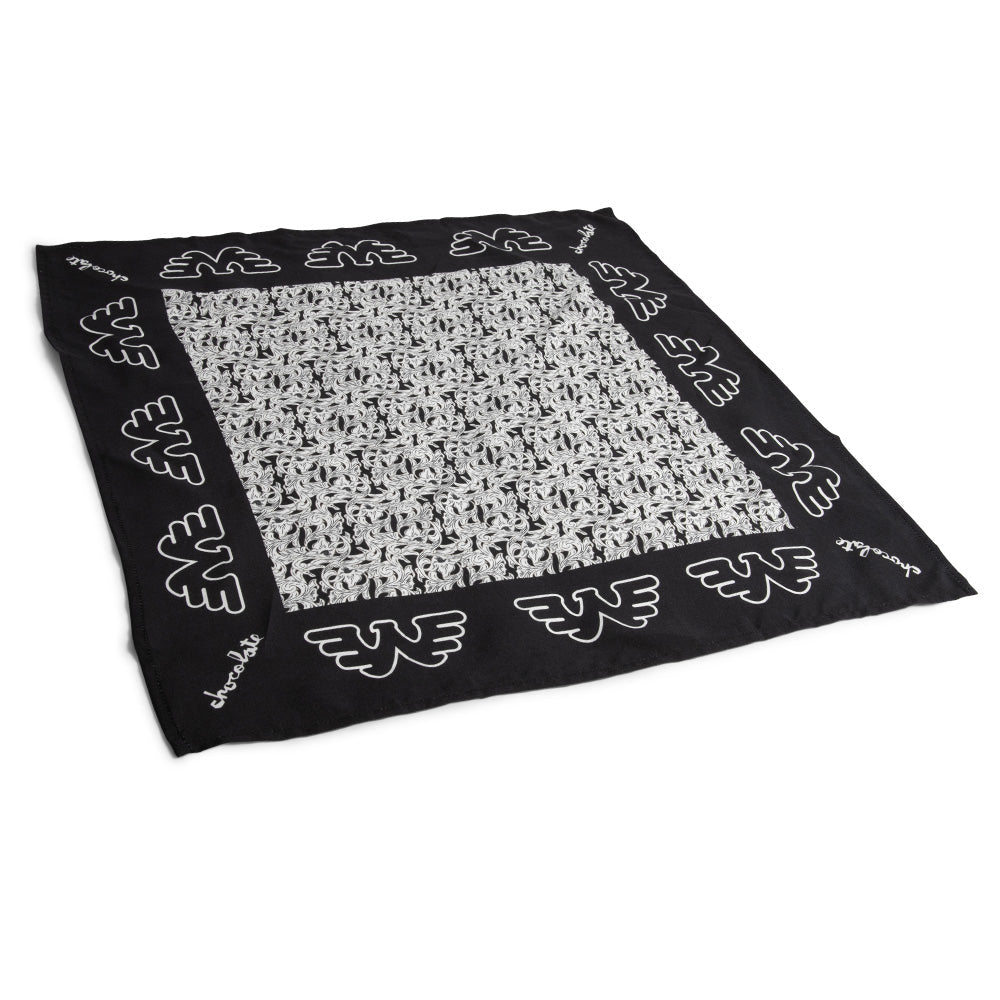 Crailstore Canada. Chocolate Waylon Chunk Bandana (Black) - Flat lay view of black bandana featuring custom Waylon Chunk graphic pattern.