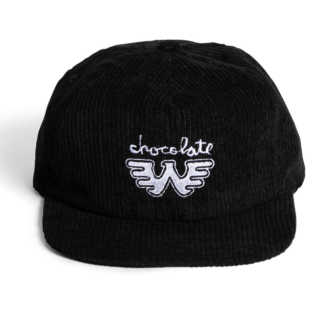 Crailstore Canada. Chocolate Waylon W Cord Hat (Black) - Front view of corduroy 5-panel hat with embroidered Waylon W logo on the crown.