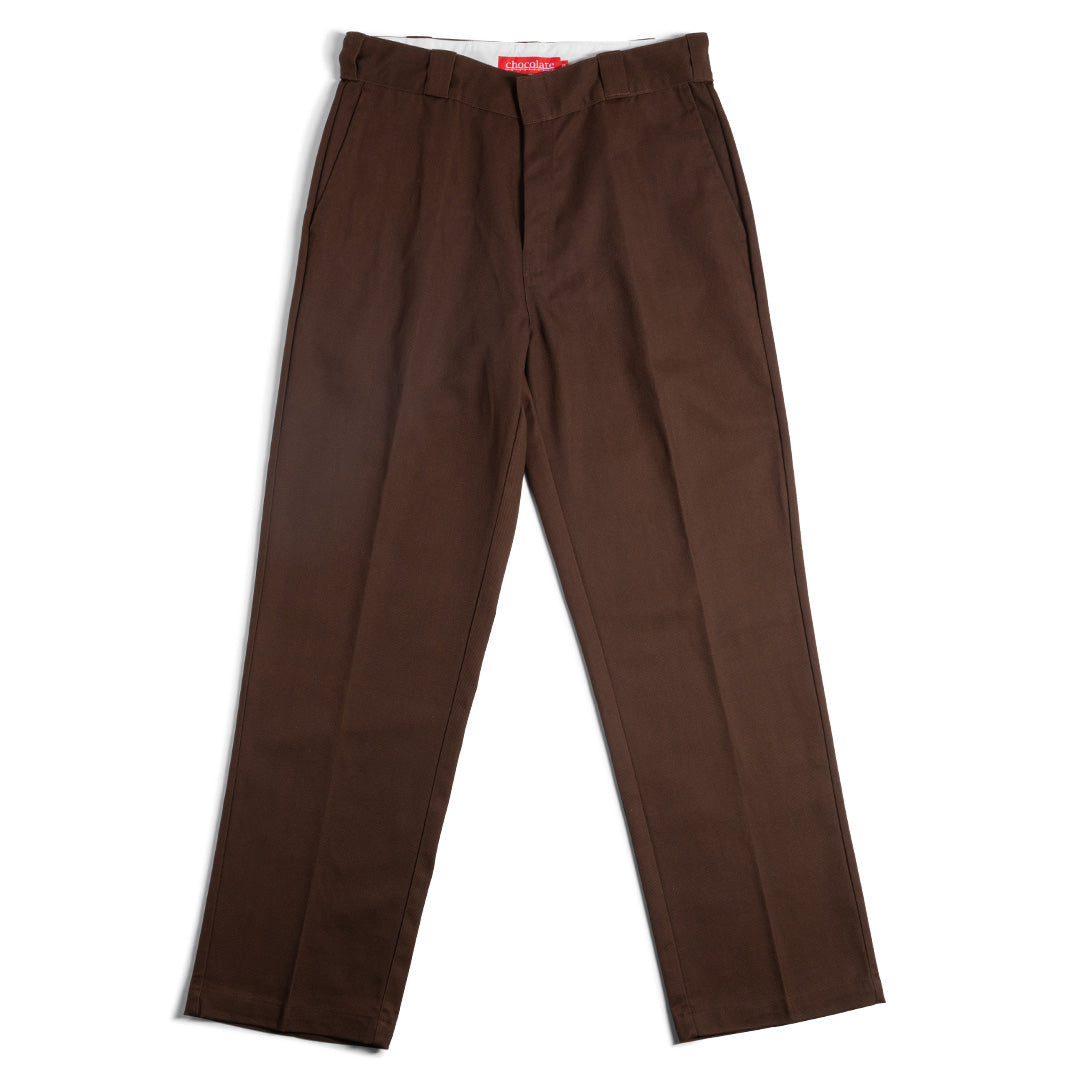 Crailstore Canada. Chocolate Work Chino Pants - General view showing high-waisted relaxed fit pants with red square patch and slant front pockets.