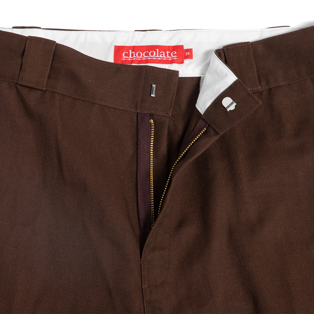 Crailstore Canada. Chocolate Work Chino Pants - Close-up of hook clasp and zipper closure showing durable waistband construction.