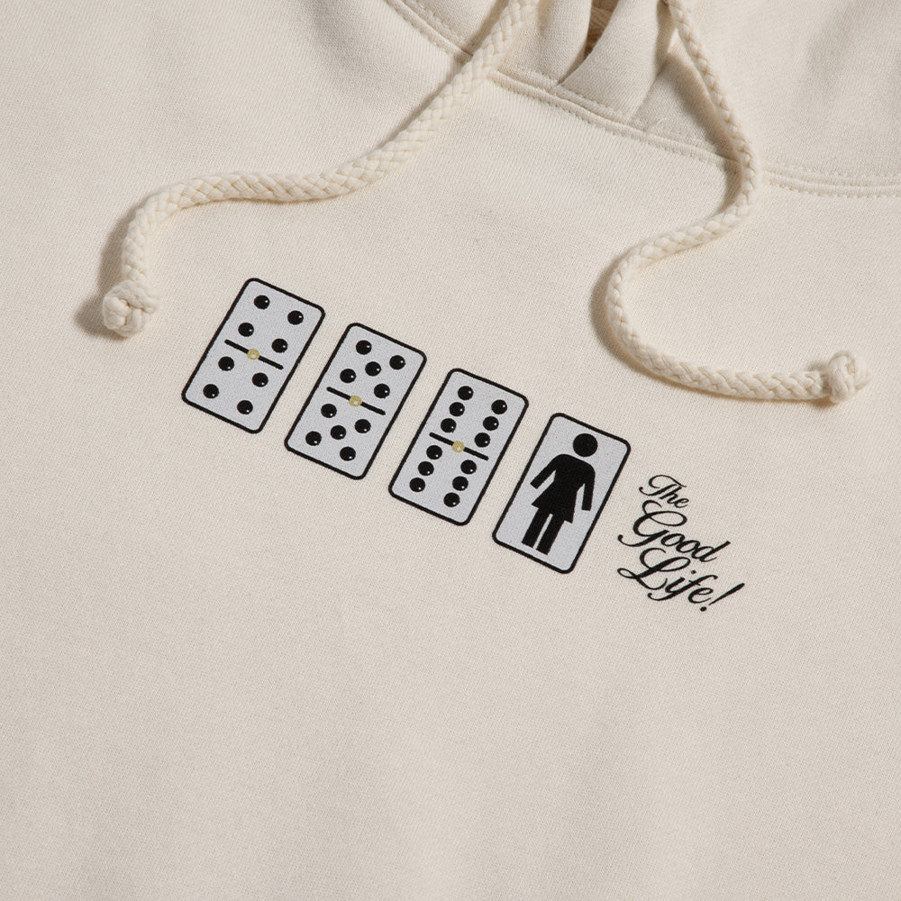 Crailstore Canada. Girl Goodlife Pullover Hood (Bone) - Close-up of front chest graphic showing Goodlife and Girl branding with crisp print detail.